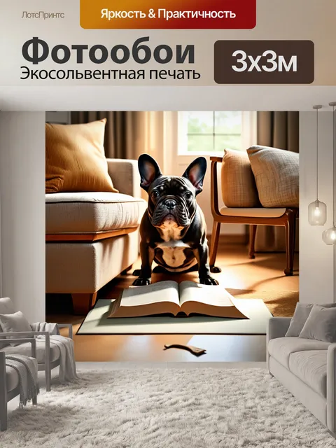Фотообои уютный уголок домашнего интерьера, где французский бульдог уютно устроился на диване с книгой на полу