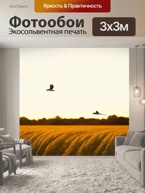 Фотообои облетели птицы над полем, передавшая атмосферу веселья и энергию природы, стиль яркой графики