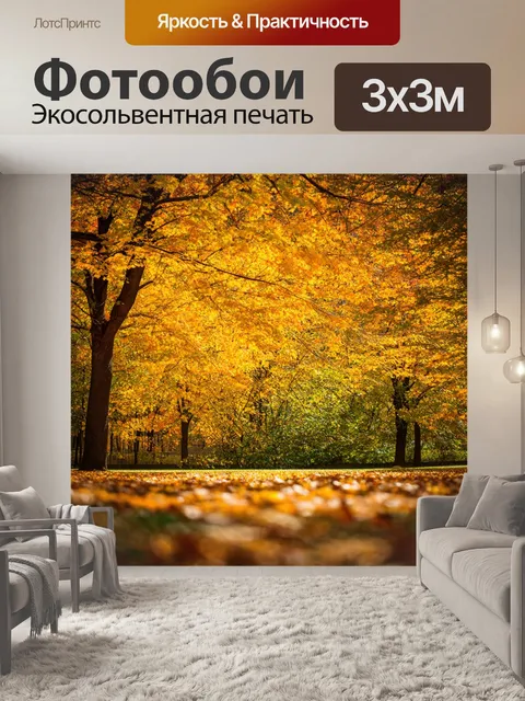Фотообои лофт с изображением тёплых осенних дней в парке, где листья желтеют, создавая живые цвета