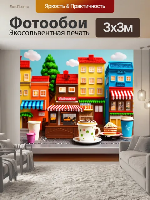 Фотообои город в стиле бумажный квиллинг, кофейня с бумажными чашками и тортами