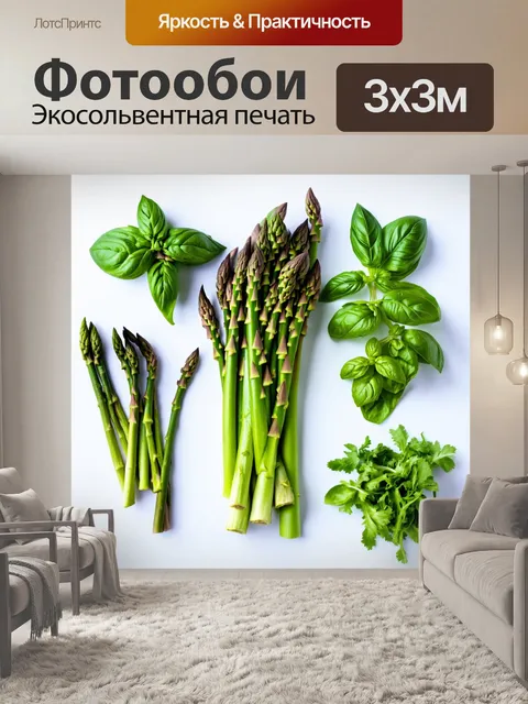 Фотообои зеленые в стиле флэт, различные сорта зелени, от спаржи до базилика