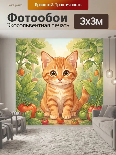 Фотообои Рыжий котёнок среди овощей