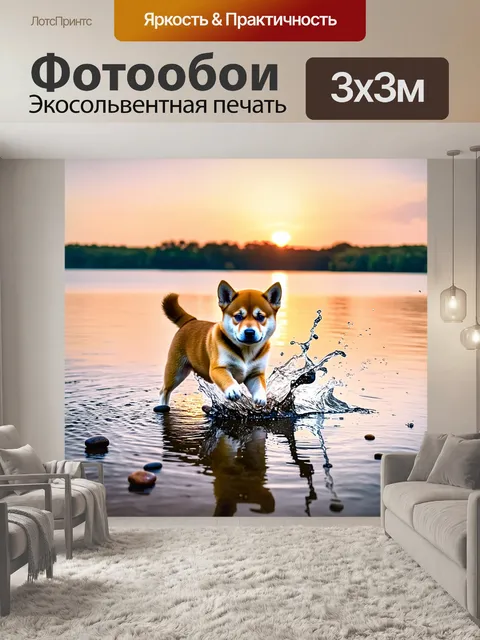Фотообои летний вечер у озера, щенок шиба ину исследует берег, играя с камешками и шлёпая лапами в воду