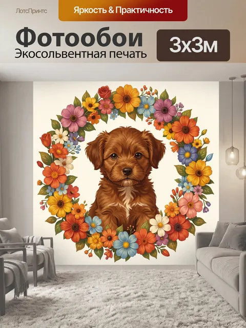 Фотообои Собачка в цветочном венке