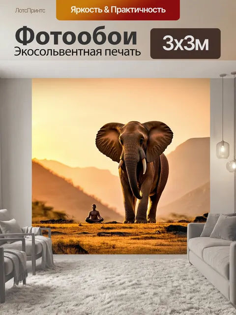 Фотообои слон, стоящий на фоне гор, медитирует во время заката