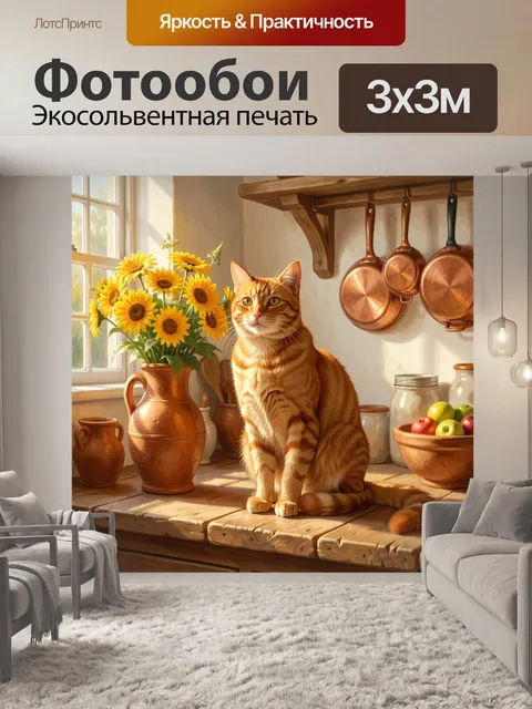 Фотообои Рыжий кот в солнечной кухне