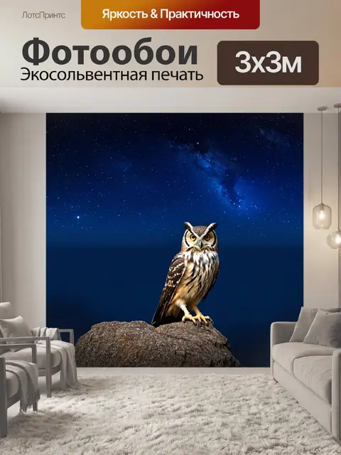 Фотообои сова, наблюдающая за ночным небом с высокогорного скалистого утеса, с множеством звезд и благоухающим лунным…