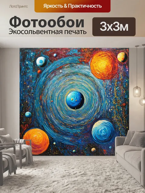 Фотообои космос в стиле постимпрессионизм, с абстрактными формами, представляющими различные небесные тела и их орбиты