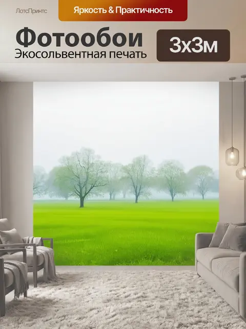 Фотообои просторный зеленый луг с редкими деревьями, покрытый утренним туманом