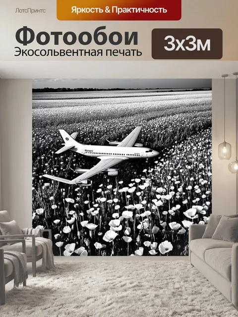 Фотообои самолет в черно-белом стиле, летящий над полями с маковыми цветами