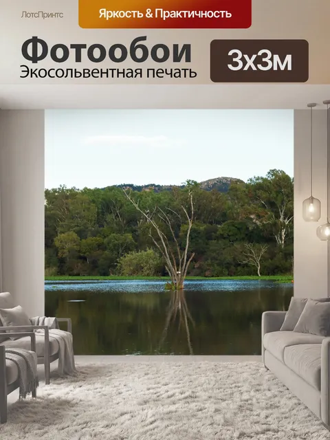 Фотообои сцена воды с деревьями и холмом
