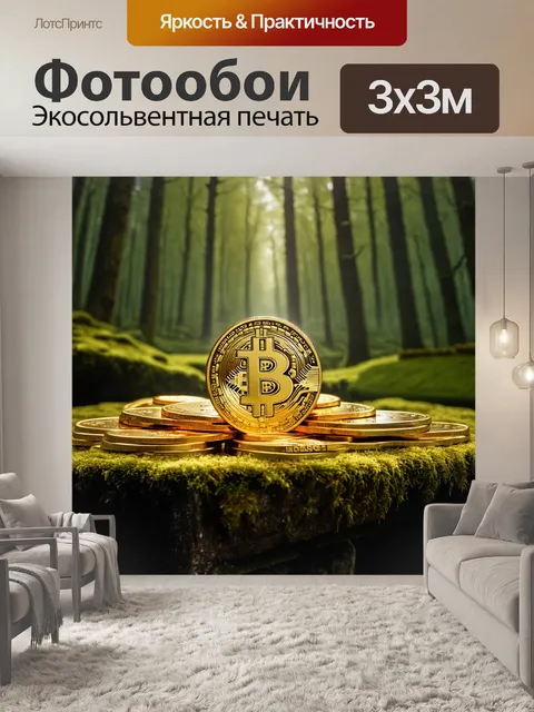 Фотообои создайте сцену, где массивные золотые слитки биткоина лежат на старинном, покрытом мхом каменном столе в…