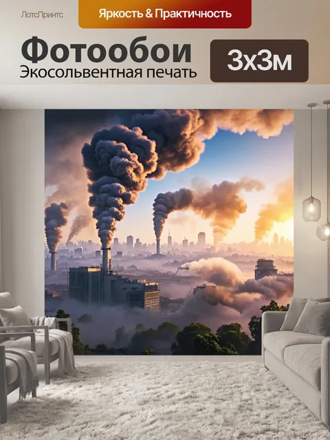 Фотообои абстракция в стиле стимпанк: закат над городом будущего, паровые облака и дым, сочетание технологий и природы