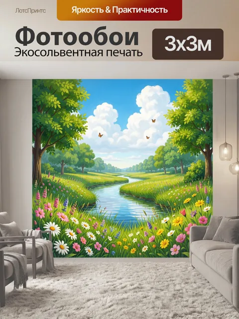Фотообои Цветущая поляна у реки