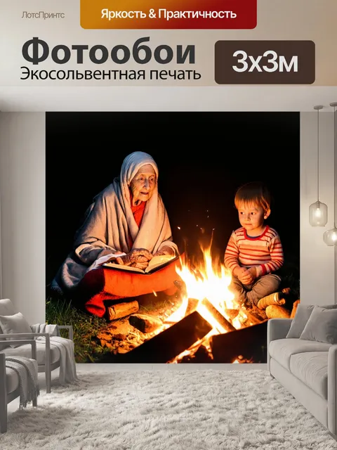 Фотообои баба, рассказывающая сказки детям у костра, с огоньком в глазах и теплым покрывалом
