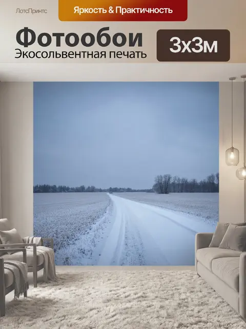 Фотообои русский зимний пейзаж с заснеженными полями, дремлющими под облаками, и уходящими вдаль тропами