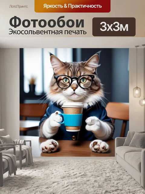 Фотообои уверенный кот в больших очках, держащий кофе в лапах