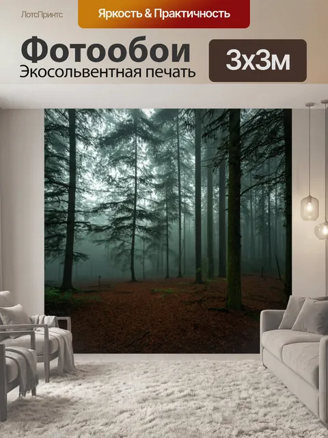 Фотообои лес с густым туманом, создающим загадочную атмосферу среди деревьев