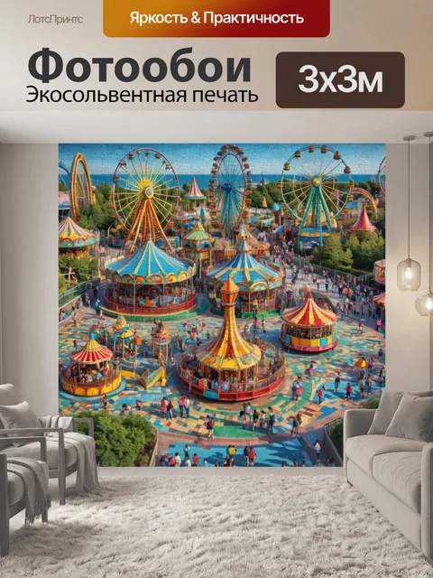 Фотообои город в стиле мозаика, парки аттракционов с радостными посетителями
