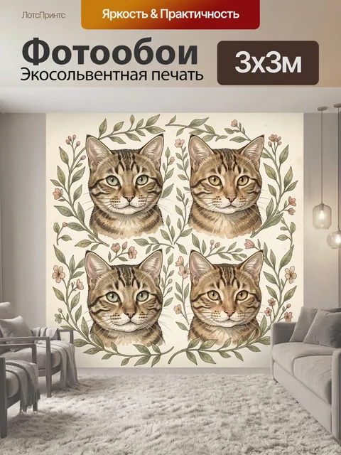 Фотообои Суровый кот в цветочном венке