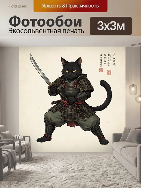 Фотообои Черный кот самурай с катаной