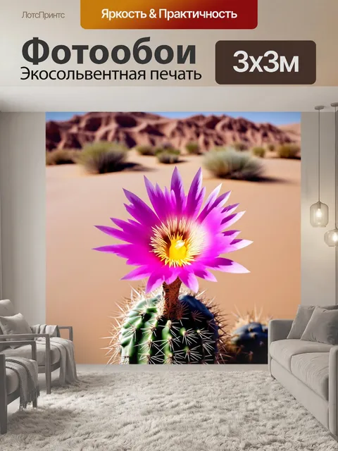 Фотообои розовый цветок кактуса, раскрывающий свои лепестки на фоне песчаной пустыни с кристаллическими структурами