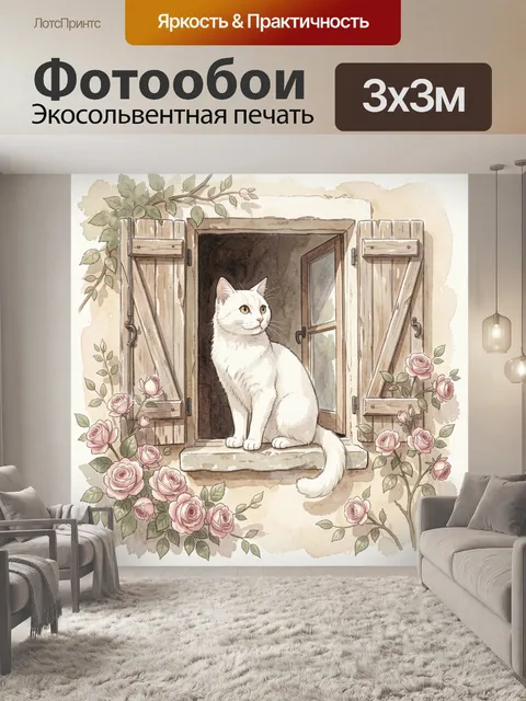 Фотообои Белый кот у окна с розами