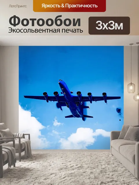 Фотообои в центре кадра - величественный синий самолет, словно выставленный на фоне безоблачного голубого неба