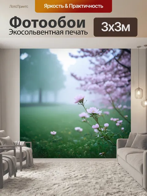 Фотообои туман в стиле боке с отображением весенних цветений, погружённых в туман, создавая атмосферу нежности