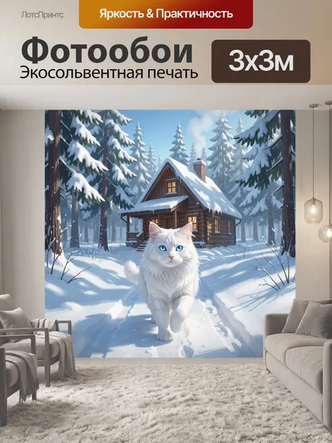 Фотообои Белый кот у зимнего домика