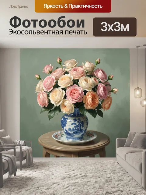 Фотообои Букет роз в синей вазе