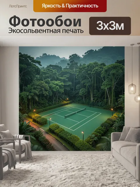 Фотообои Пейзаж тропического курорта: теннисный корт с зелёным покрытием и белой разметкой в центре кадра