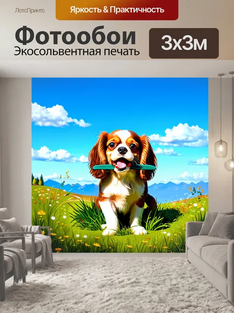 Фотообои на горной поляне, весёлый кавалер кинг чарльз спаниель с игривым выражением лица, жует травинку, а вокруг…
