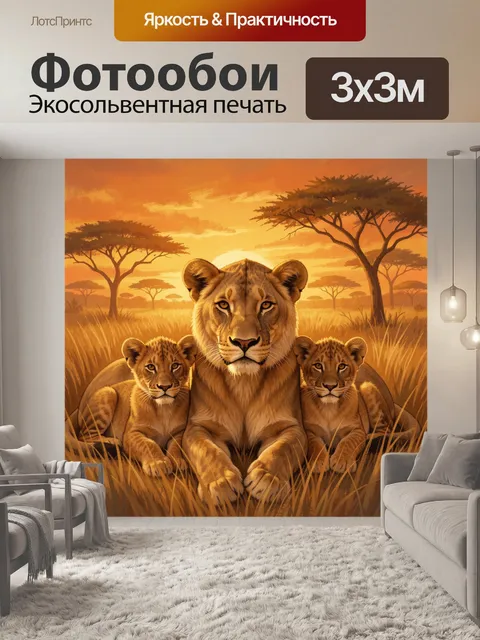 Фотообои Львица с детёнышами в саванне
