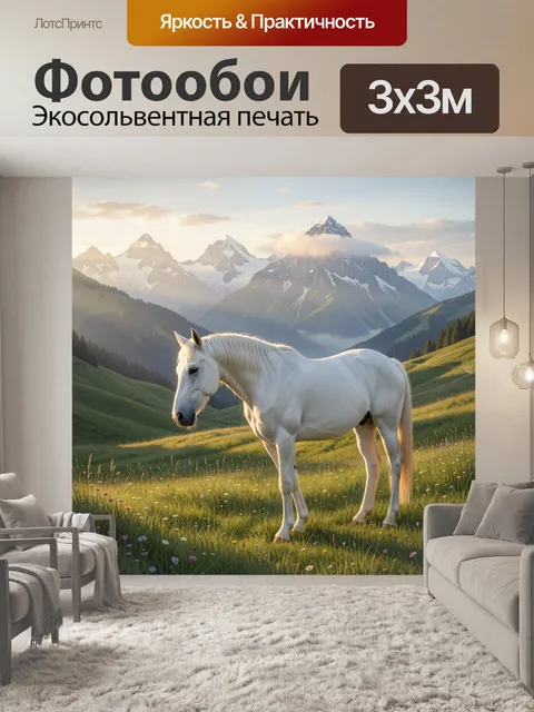 Фотообои Белая лошадь в горных лугах