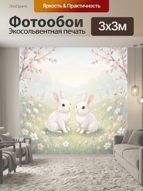 Фотообои Два белых кролика среди цветов