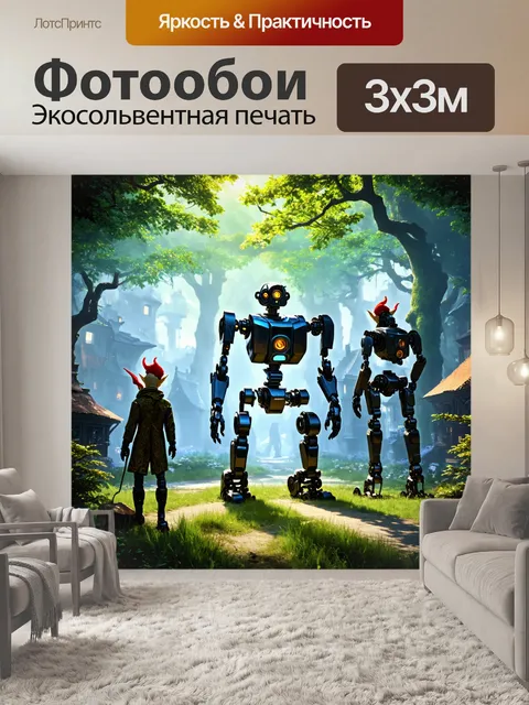 Фотообои город в стиле фэнтези, где лесные эльфы взаимодействуют с роботами и технологиями