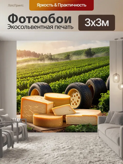 Фотообои великая сырная плантация, где огромные колеса сыра покоятся под светофильтром заходящего солнца