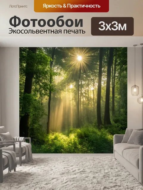 Фотообои утренний туман в зеленом лесу с солнечными лучами