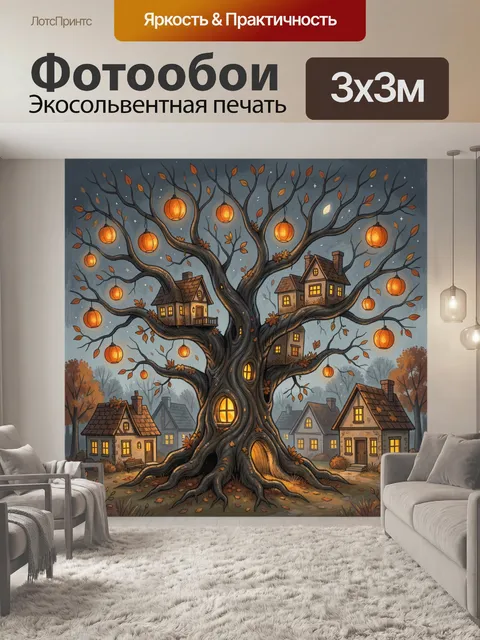 Фотообои Волшебное дерево с фонарями и домиками