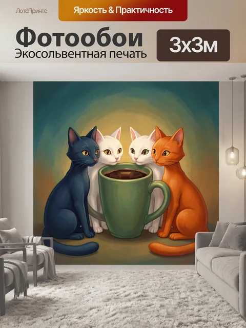 Фотообои Четыре кота с кружкой кофе