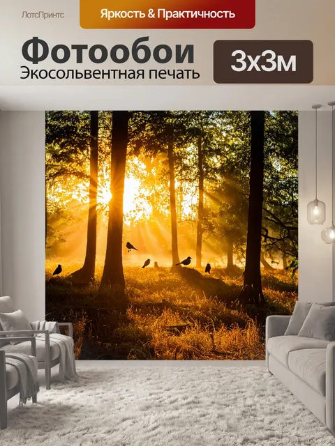 Фотообои закат в лесу, солнце прорывается сквозь густые деревья, яркие золотые лучи заполняют просветы, птицы…