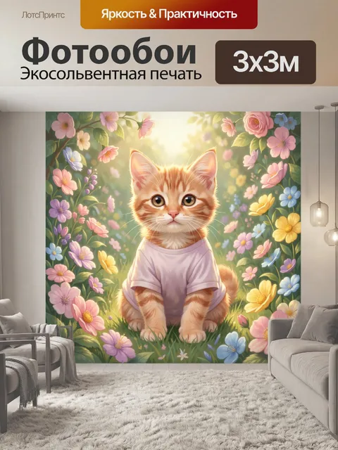 Фотообои Рыжий котенок среди цветов