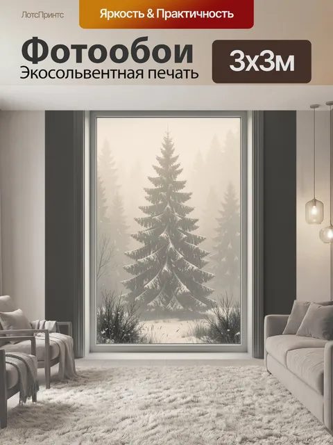 Фотообои Заснеженная ель в туманном лесу