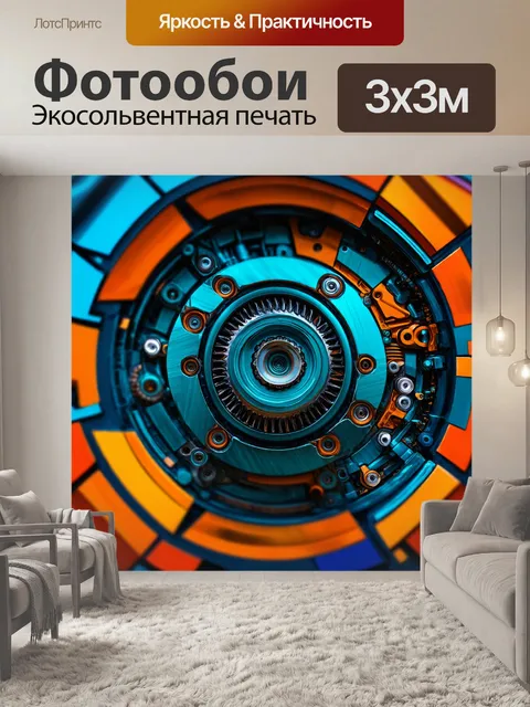 Фотообои создайте абстрактное изображение механического устройства, использующее геометрические формы и яркие цвета