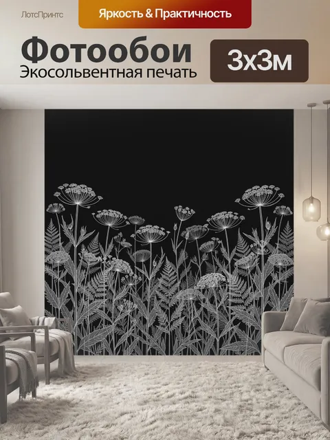 Фотообои Белые полевые цветы на черном фоне