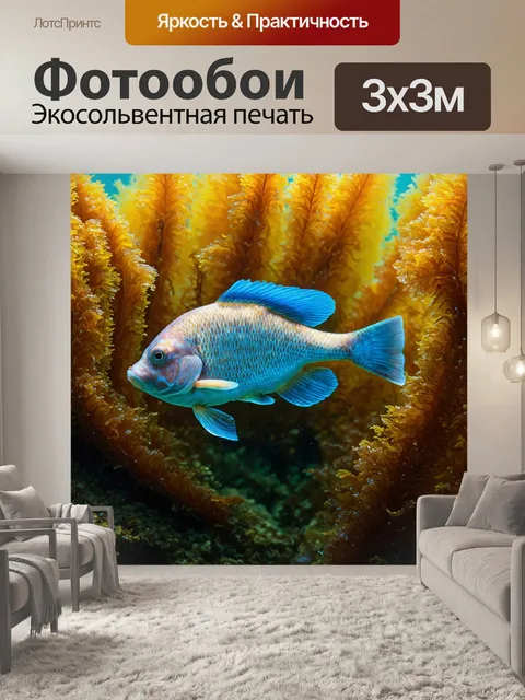 Фотообои рыба, обрамленная густыми водорослями, выглядит как часть самого моря