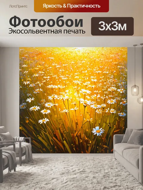 Фотообои поле ромашек в золотистом свете заката, осветляющее края лепестков