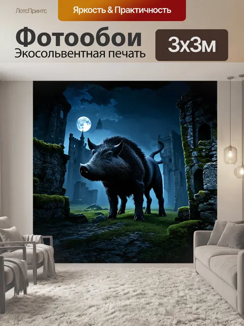Фотообои гигантский черный кабан на фоне руин заброшенного замка в лесу, освещённый лунным светом
