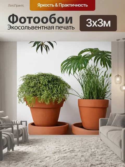 Фотообои в стиле минимализм с изображением терракотовых горшков и изысканными растениями, создающие уютный эффект